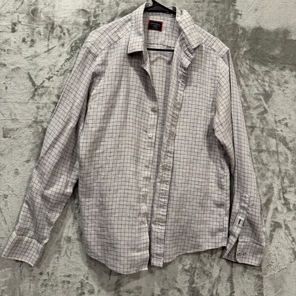 Untuckit White & Blue Plaid Linen Shirt Large Wrinkle Resistant Career Office
